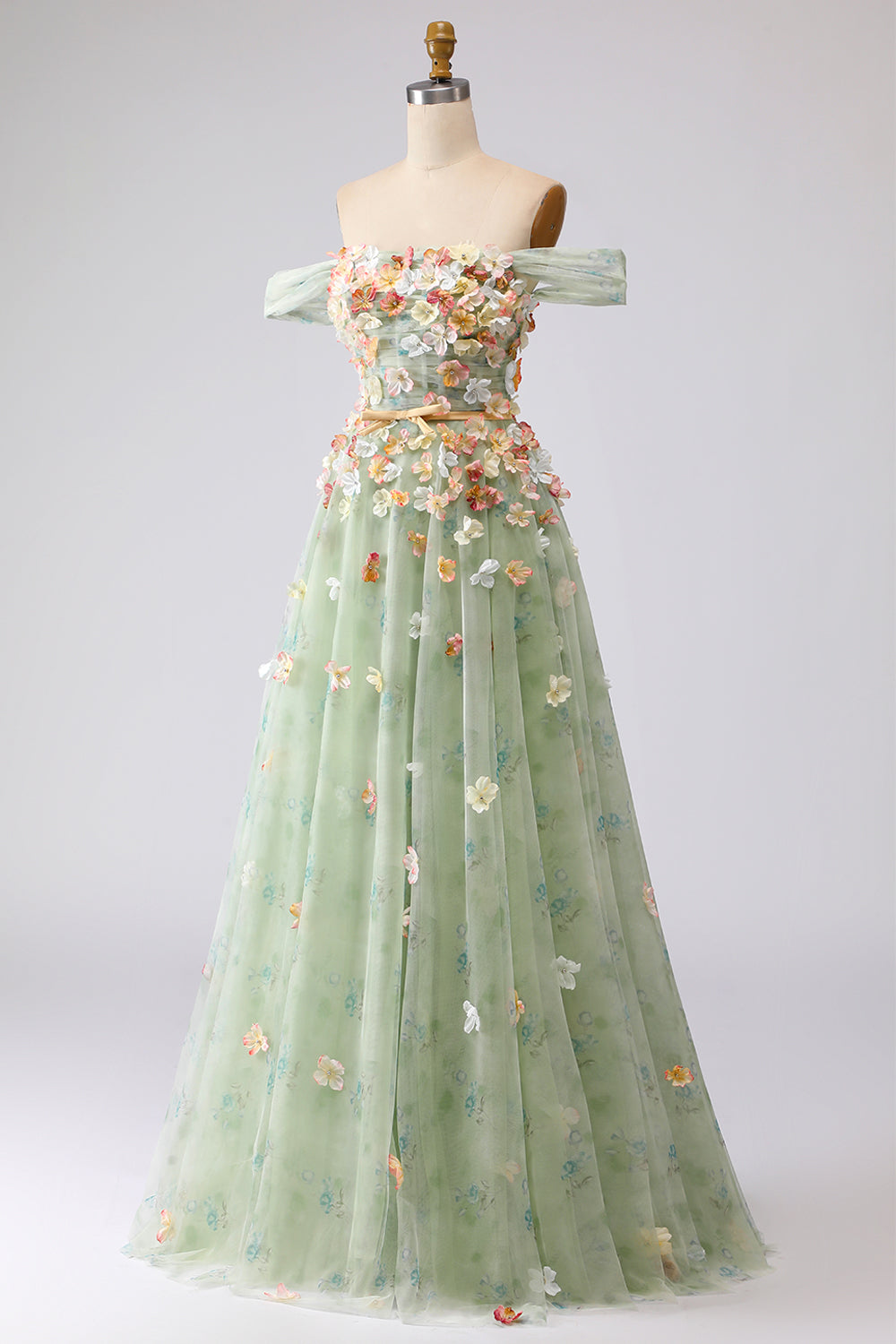 Off the Shoulder Appliqued Green Floral A Line Prom Dress