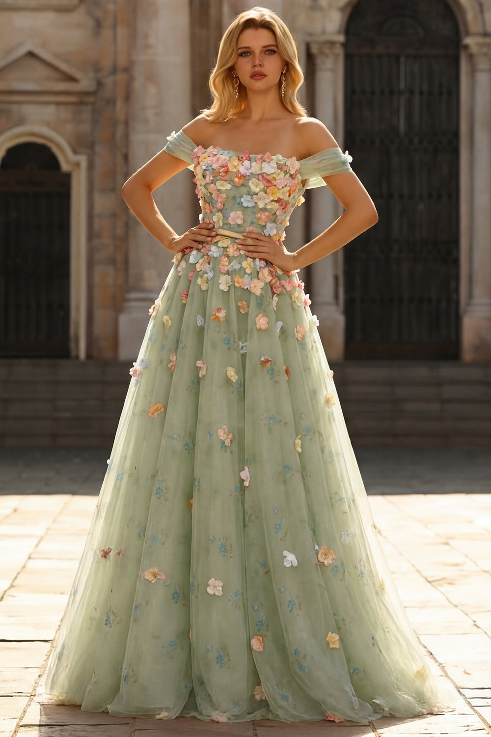 Off the Shoulder Appliqued Champagne A Line Prom Dress