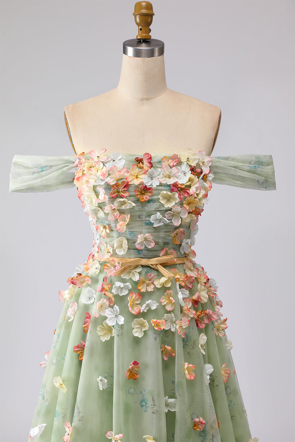 Off the Shoulder Appliqued Champagne A Line Prom Dress