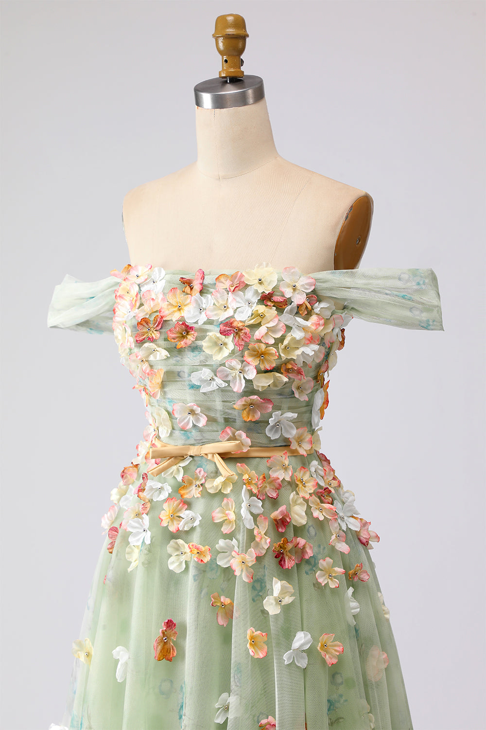 Off the Shoulder Appliqued Green Floral A Line Prom Dress