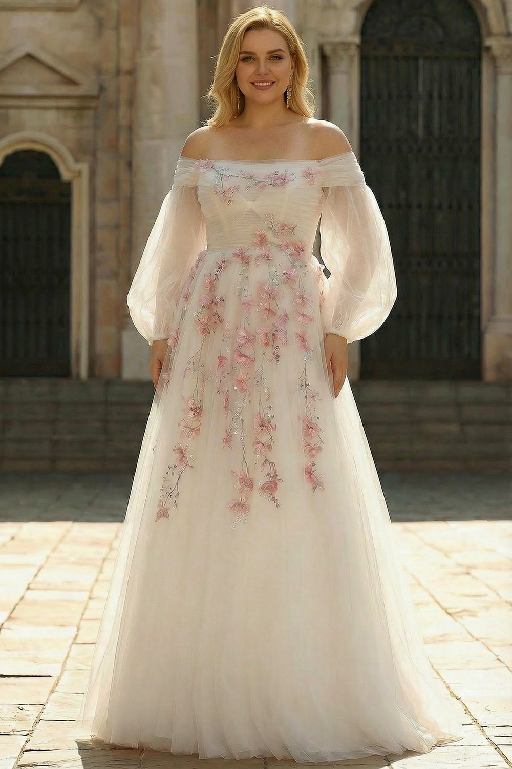 White Off the Shoulder Appliqued Plus Size Wedding Dress