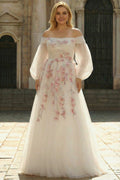 White Off the Shoulder Appliqued Plus Size Wedding Dress
