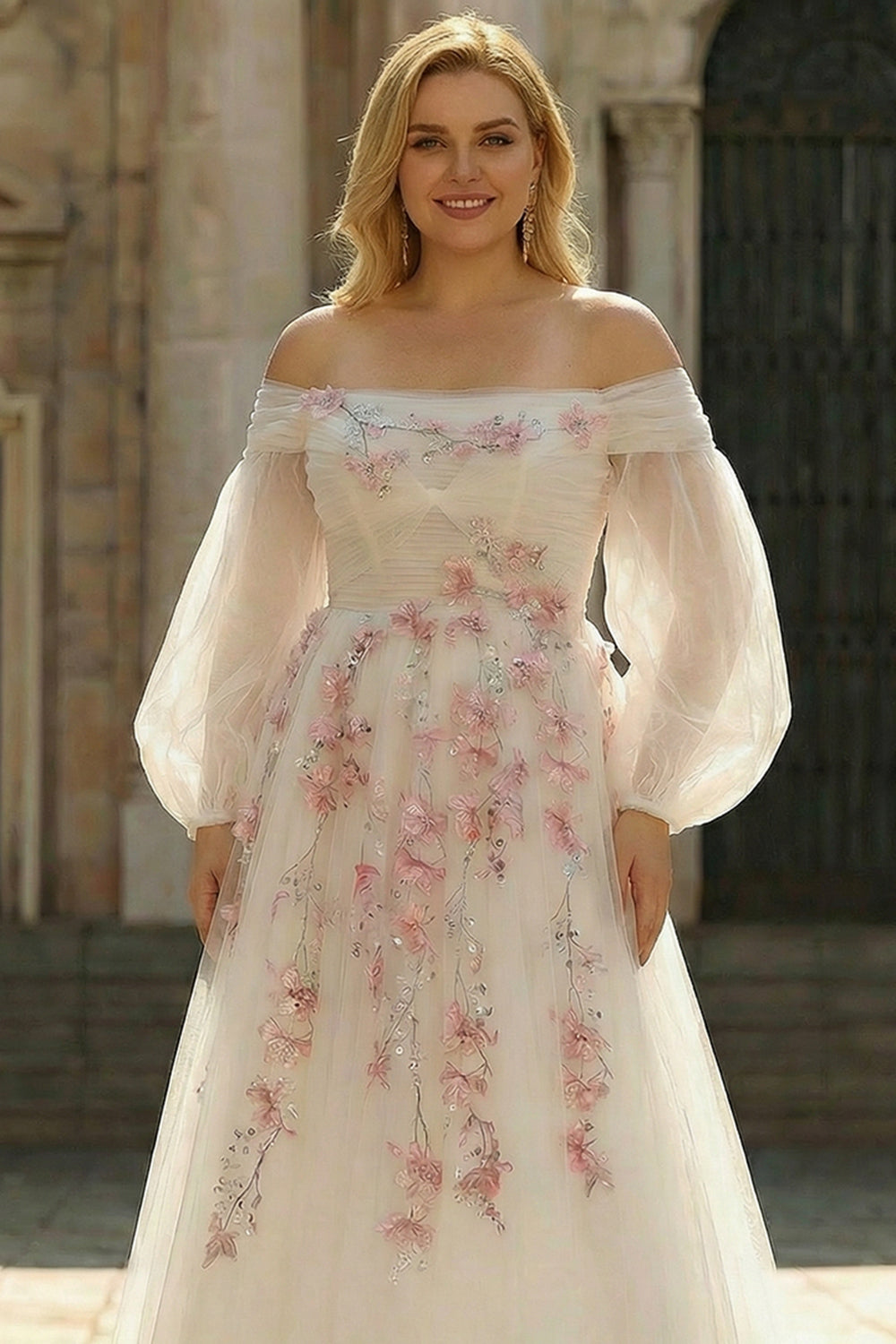 White Off the Shoulder Appliqued Plus Size Wedding Dress