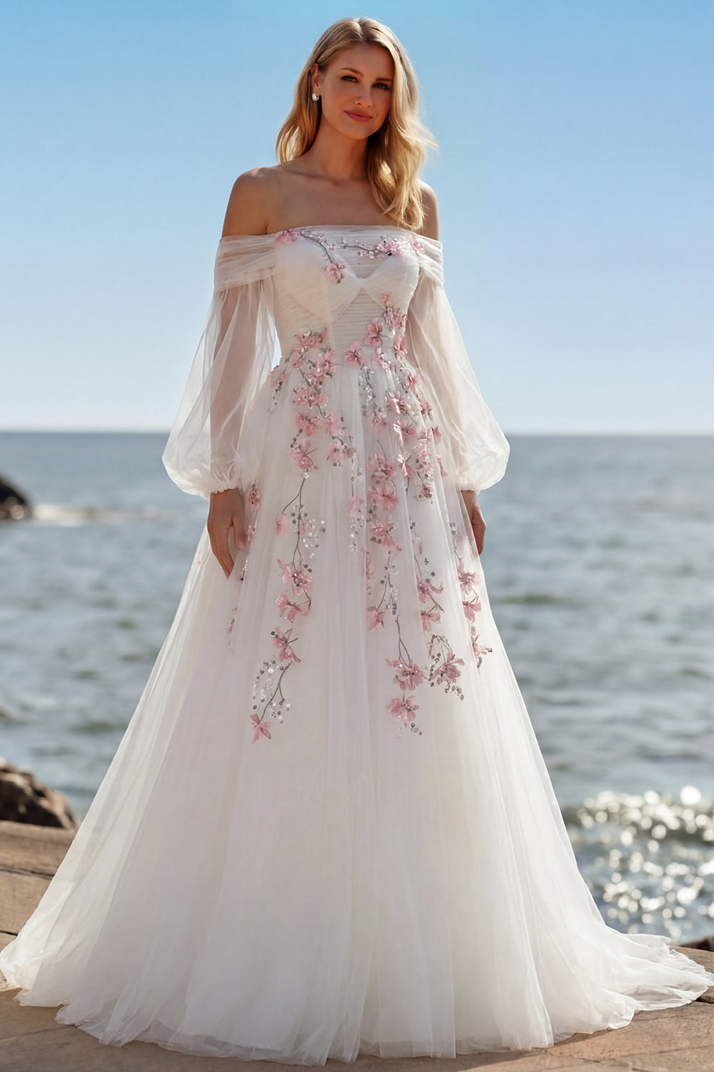 White A Line Off The Shoulder Appliqued Wedding Dress