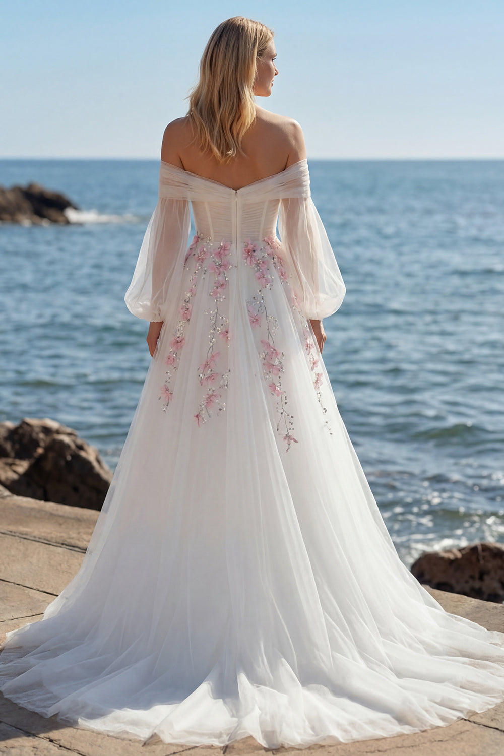 White A Line Off The Shoulder Appliqued Wedding Dress