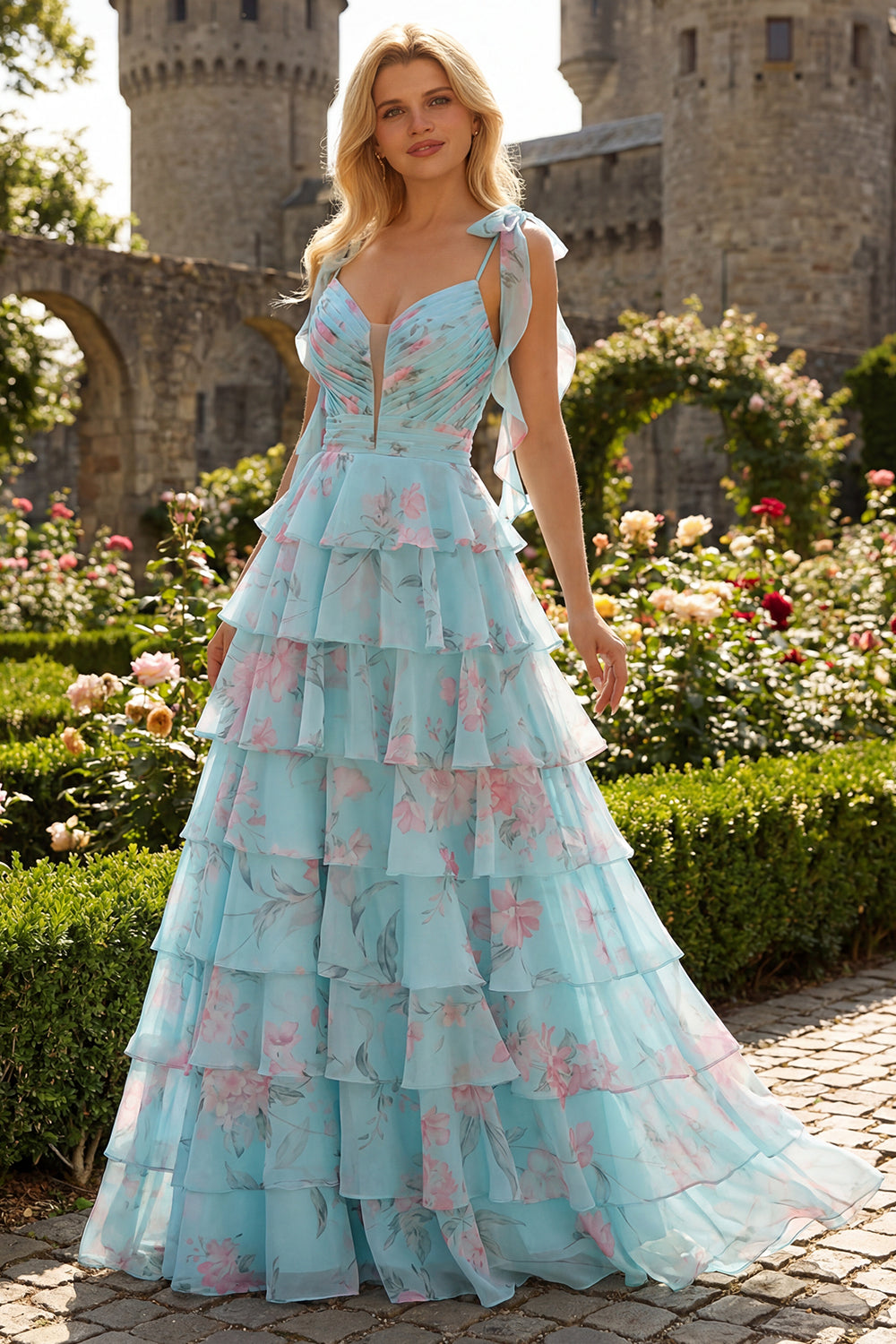 Tiered Ruched Blue Pink Floral Prom Dress with Bow