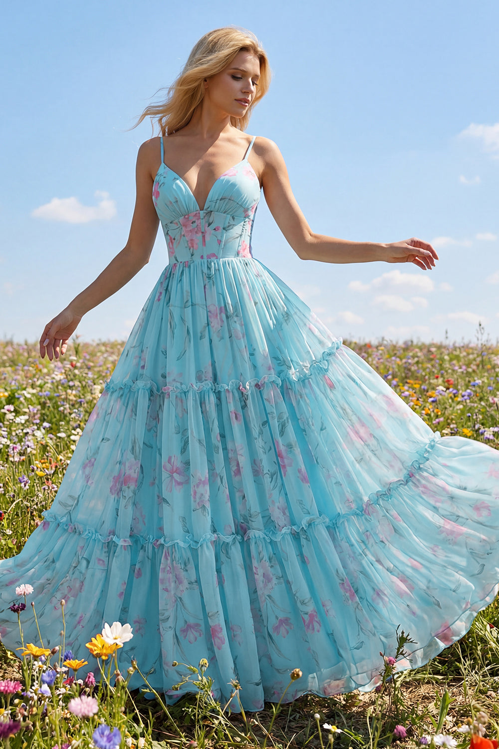 A Line Pleated Green Purple Floral Ruffled Maxi Prom Dress