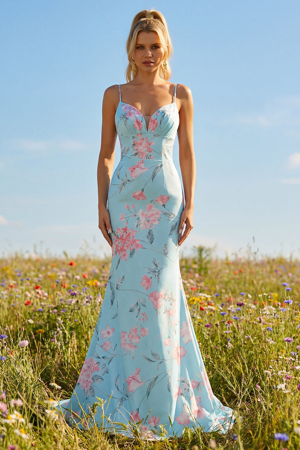 Mermaid Blue Pink Floral Maxi Prom Dress with Ruffles