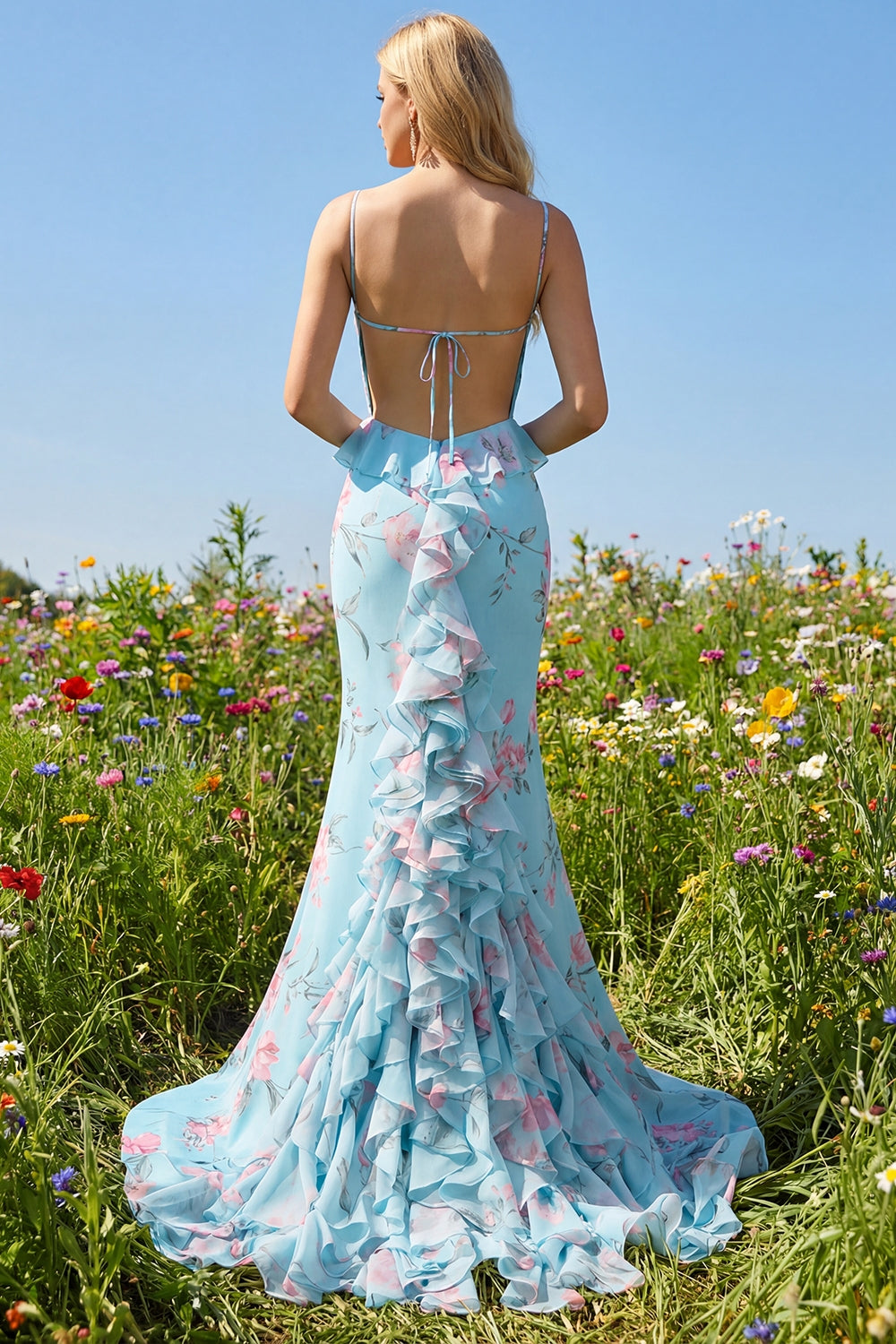 Mermaid Blue Pink Floral Maxi Prom Dress with Ruffles