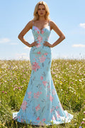Mermaid Blue Pink Floral Maxi Prom Dress with Ruffles