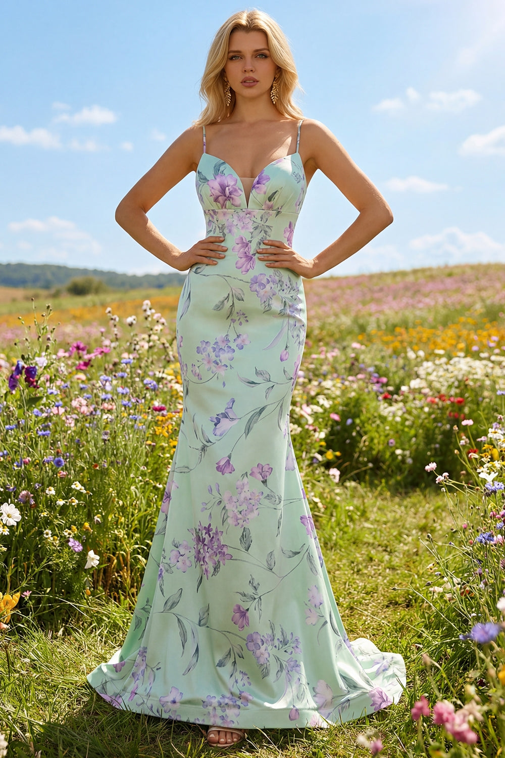 Mermaid Blue Pink Floral Maxi Prom Dress with Ruffles