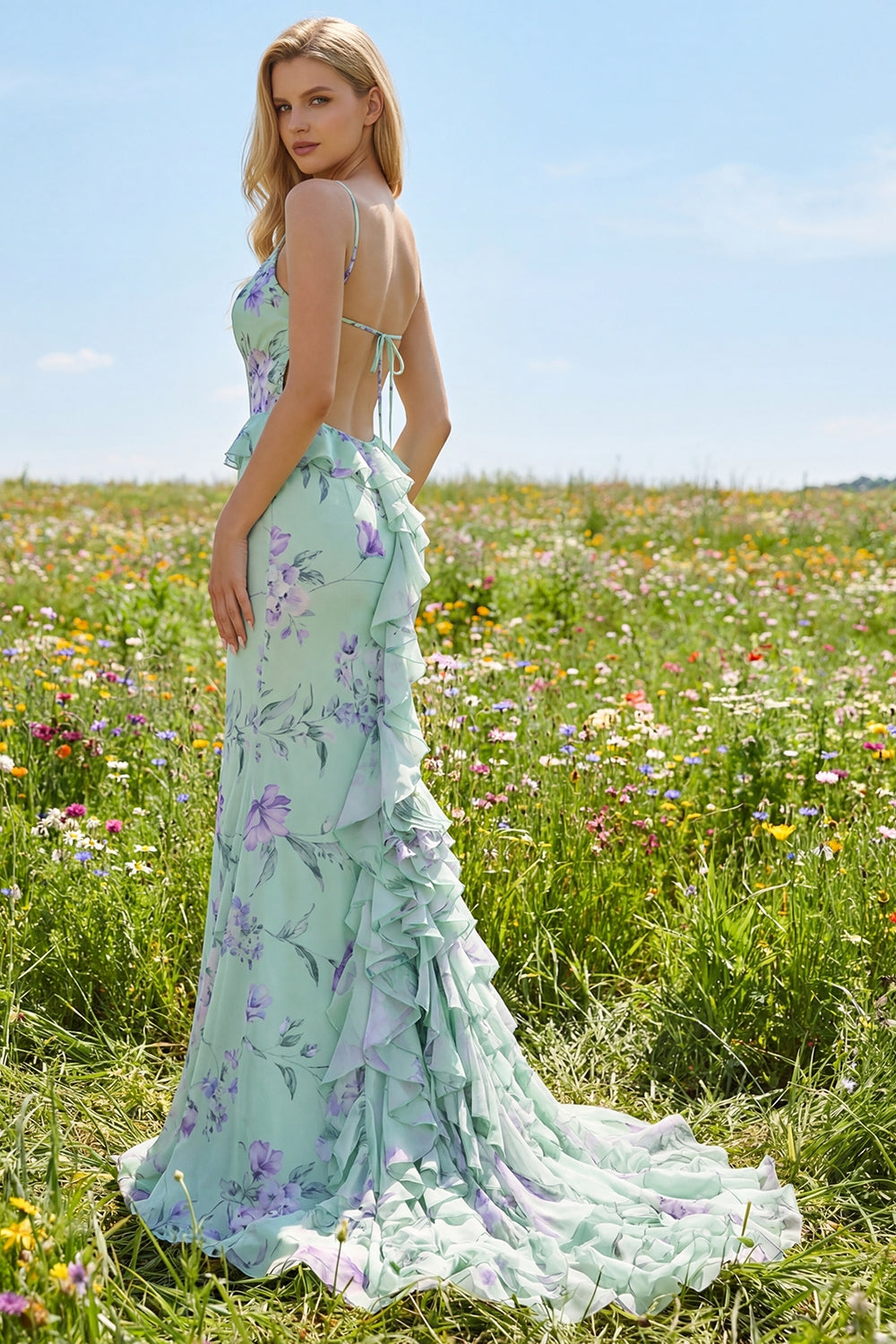 Mermaid Blue Pink Floral Maxi Prom Dress with Ruffles