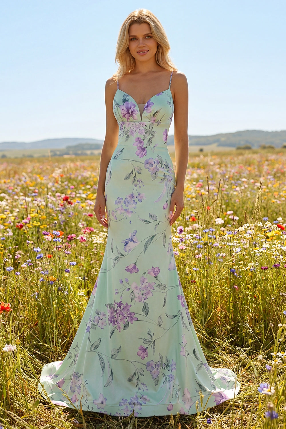 Mermaid Blue Pink Floral Maxi Prom Dress with Ruffles