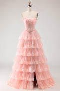 Strapless Tiered A-Line Tulle Corset Blush Prom Dress With Slit