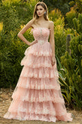 Strapless Tiered Corset Blush Prom Dress with Ruffles