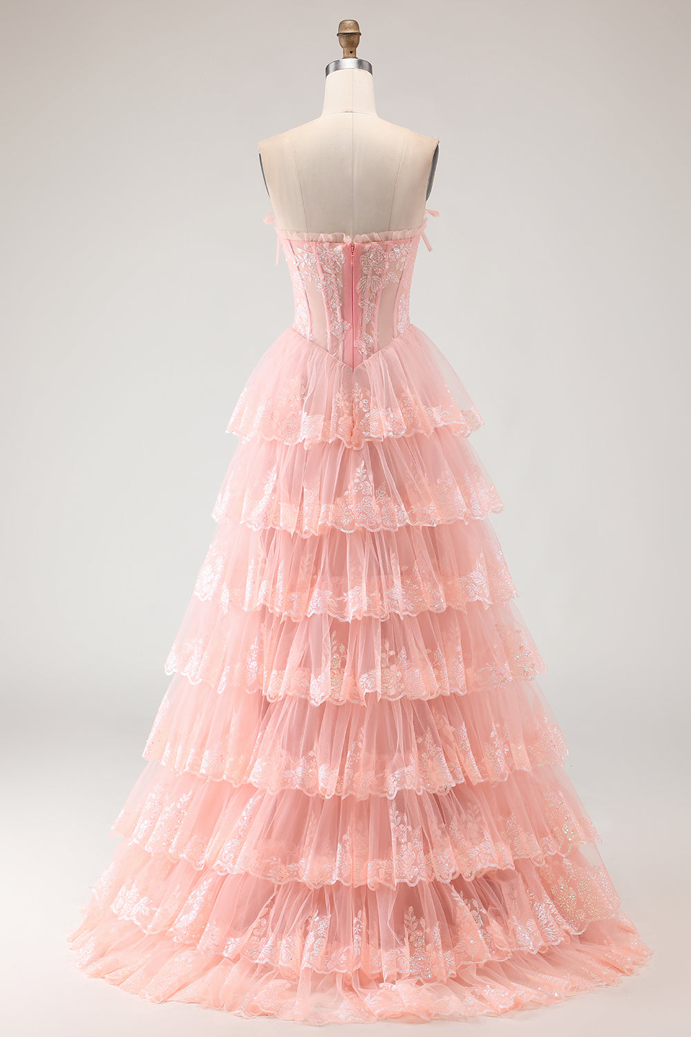 Strapless Lilac Tiered Corset Prom Dress with Ruffles