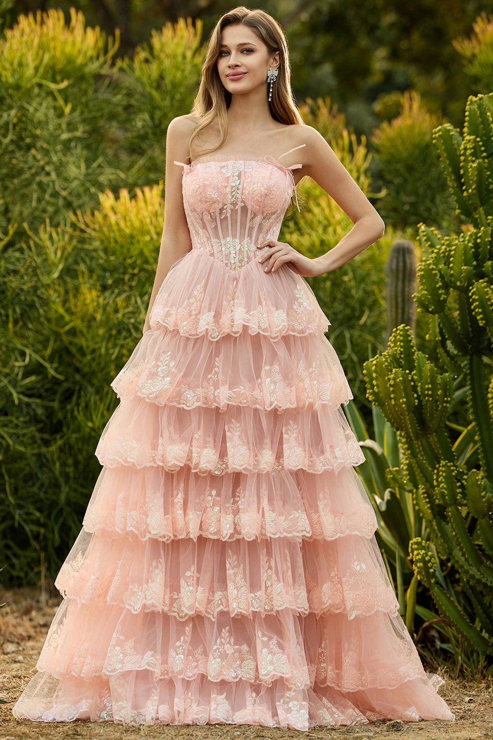 Strapless Tiered Corset Blush Prom Dress with Ruffles