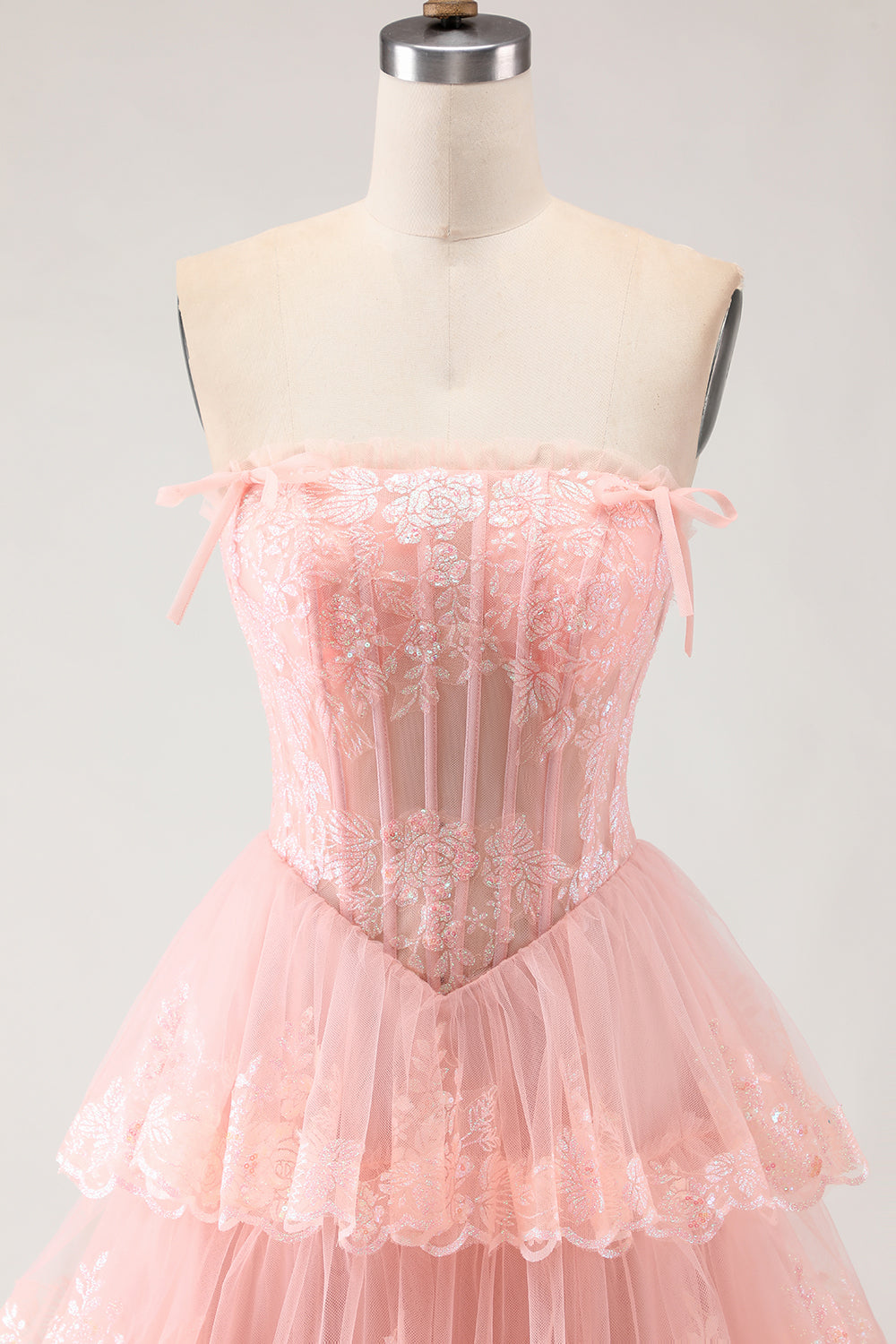 Strapless Tiered A-Line Tulle Corset Blush Prom Dress With Slit