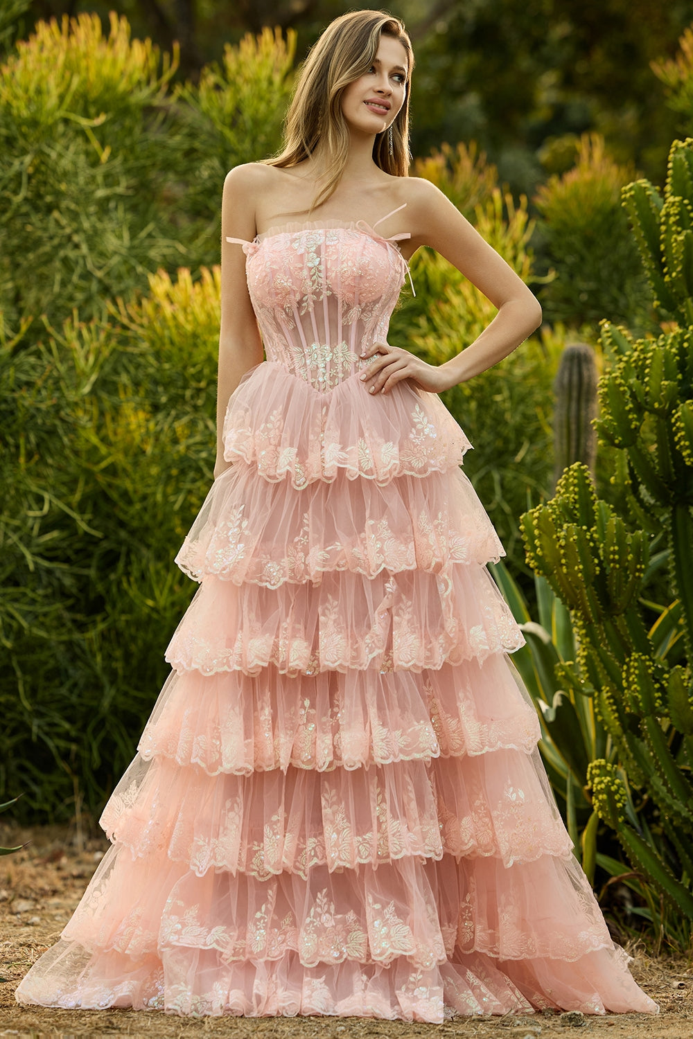 Strapless Lilac Tiered Corset Prom Dress with Ruffles
