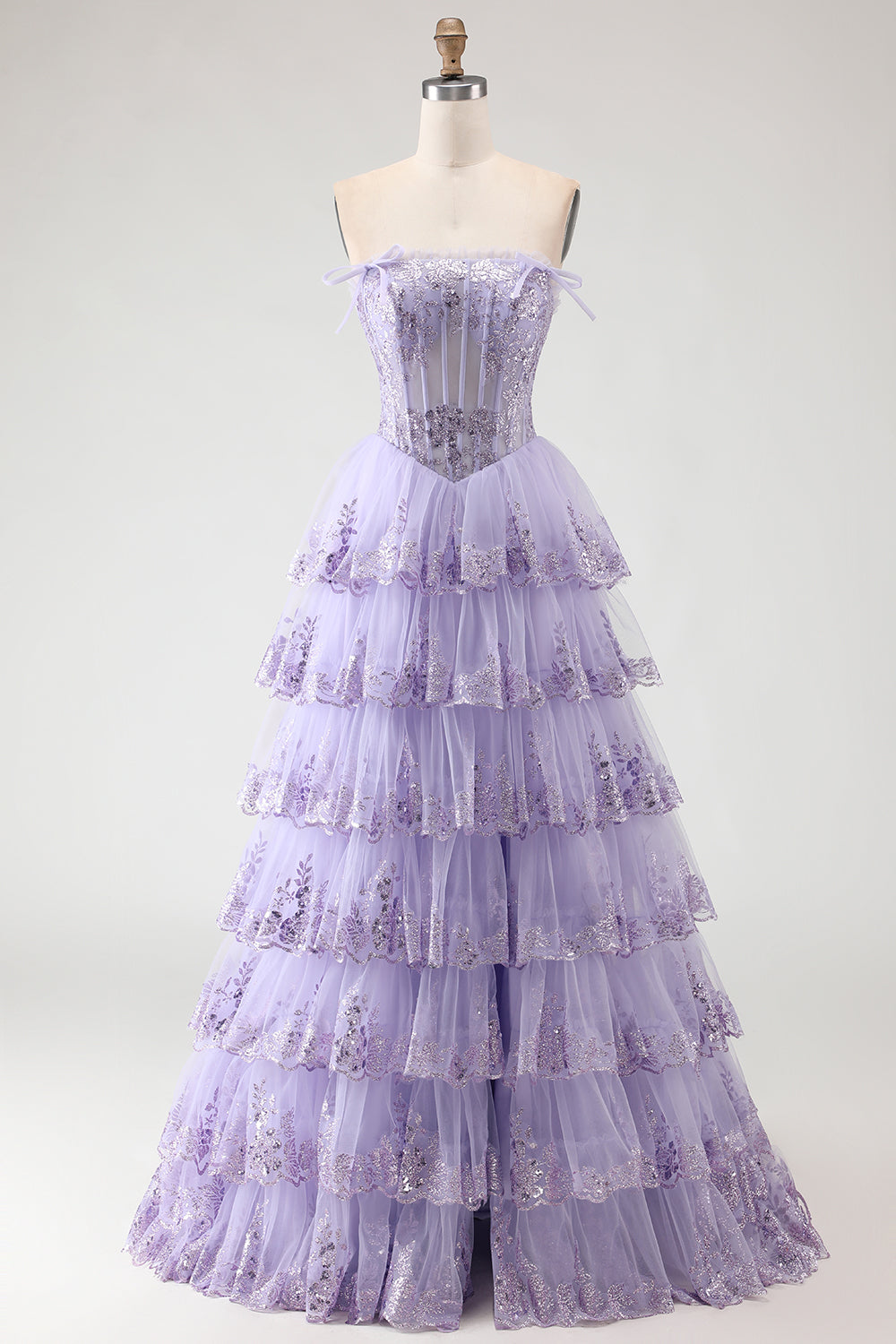 Strapless Tiered Corset Blush Prom Dress with Ruffles