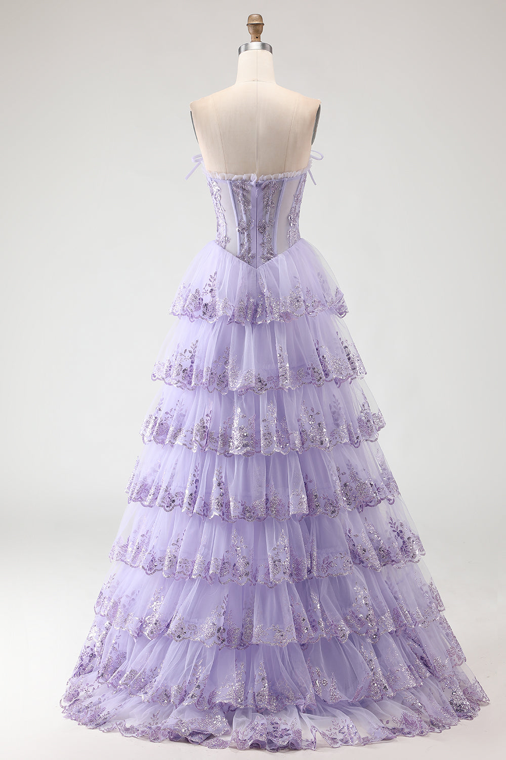 Strapless Tiered Corset Blush Prom Dress with Ruffles