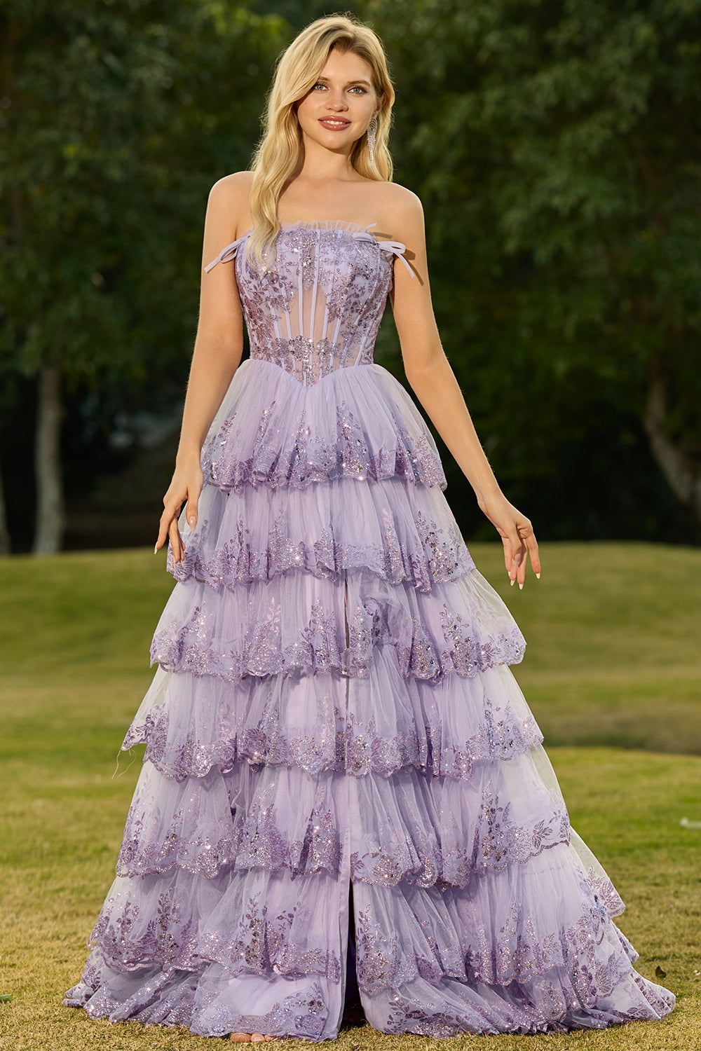Strapless Tiered Corset Blush Prom Dress with Ruffles