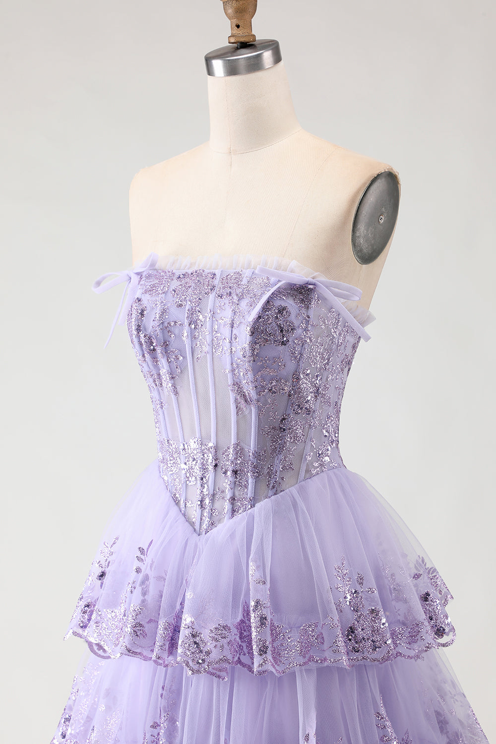 Strapless Tiered A-Line Tulle Corset Blush Prom Dress With Slit
