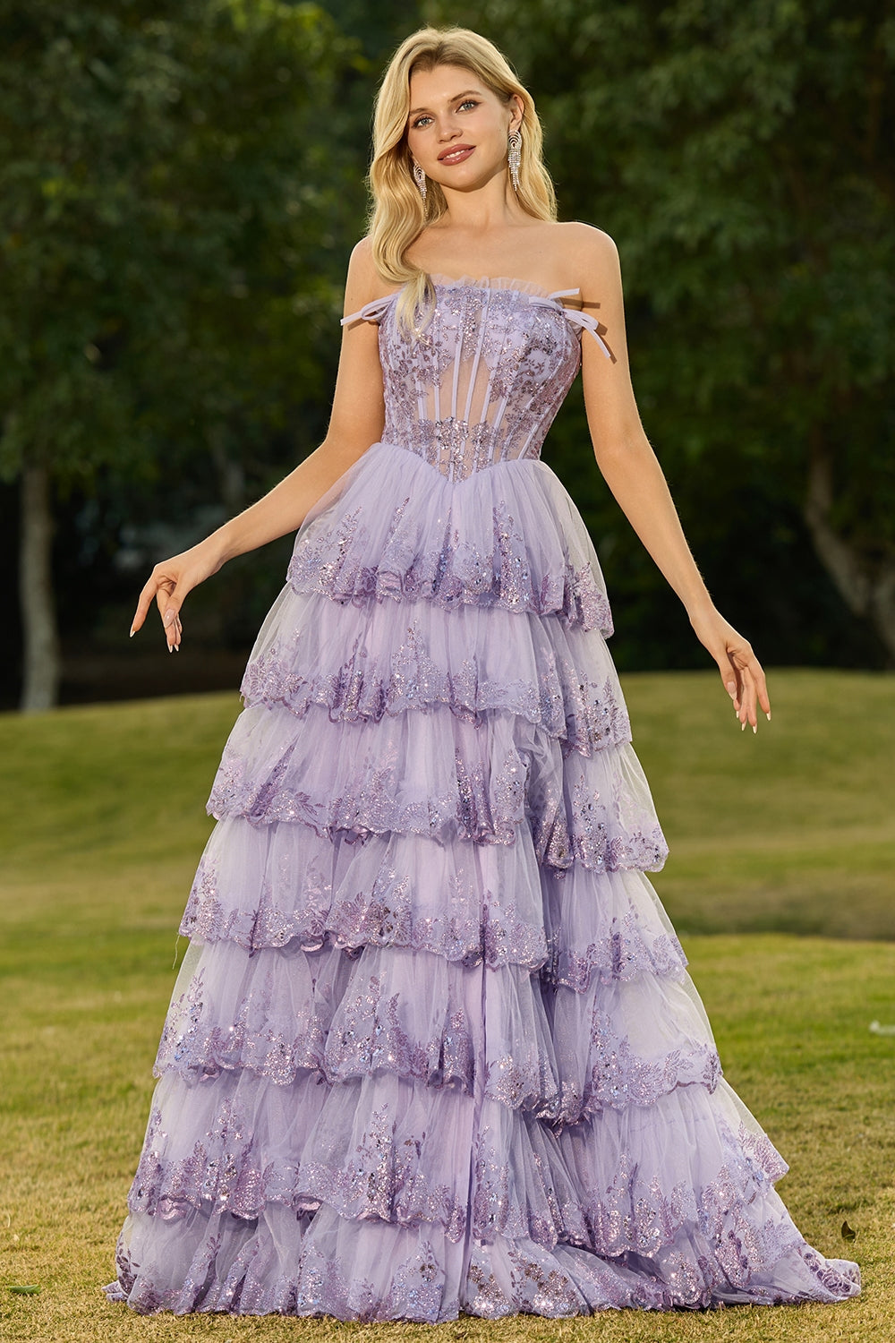 Strapless Tiered Corset Blush Prom Dress with Ruffles