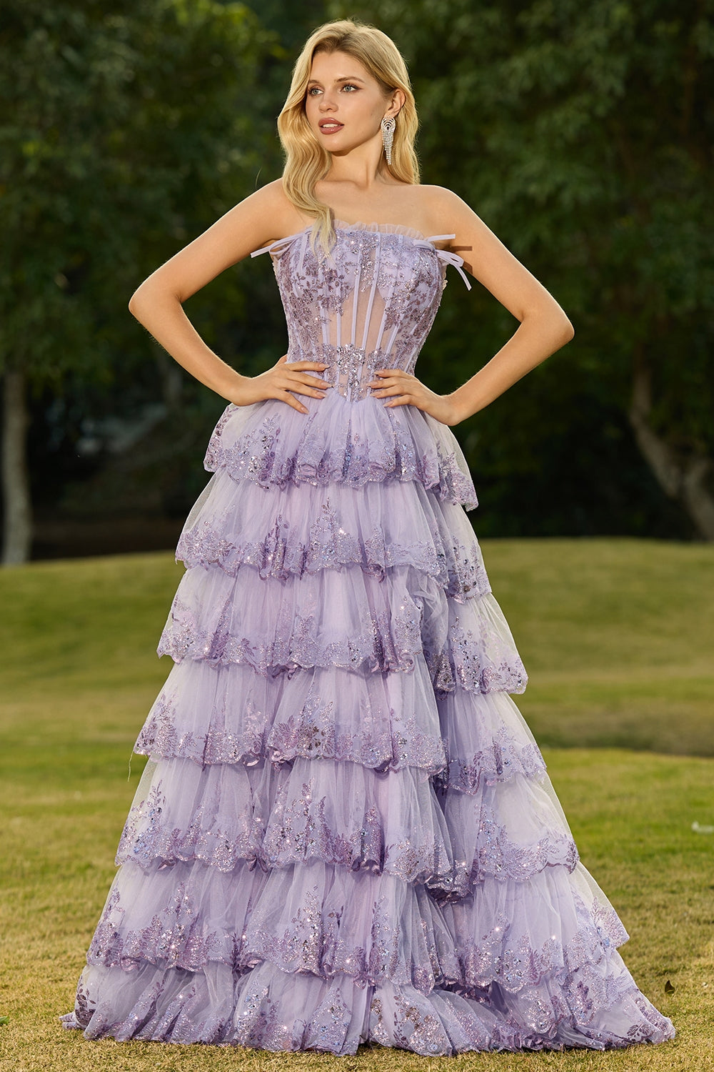 Strapless Lilac Tiered Corset Prom Dress with Ruffles