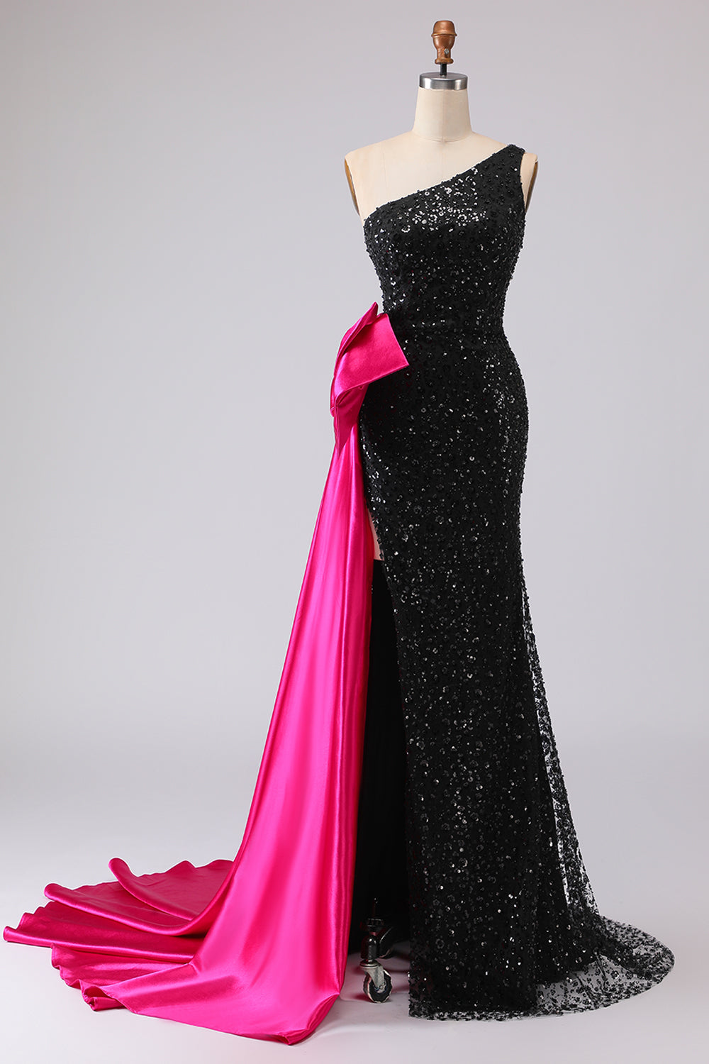 Sparkly One Shoulder Black Bowed Prom Dress