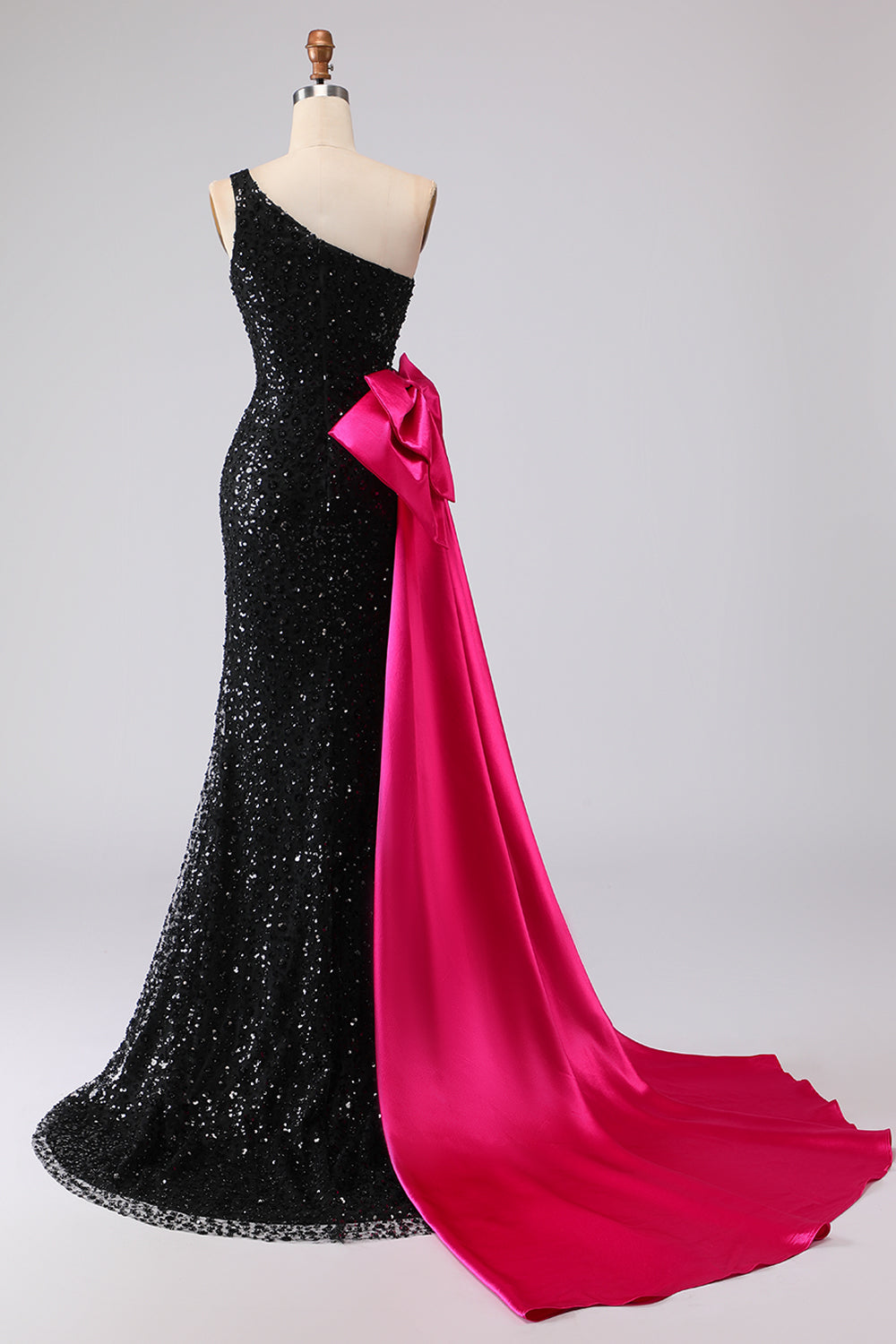 Sparkly One Shoulder Black Bowed Prom Dress