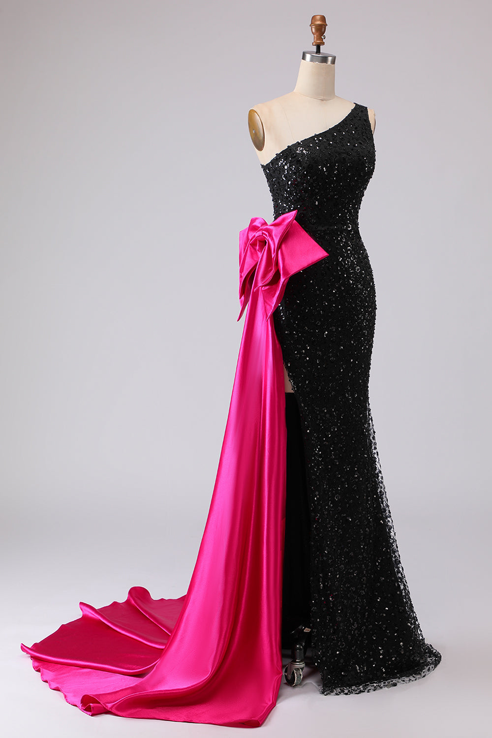 Sparkly One Shoulder Black Prom Dress with Bow