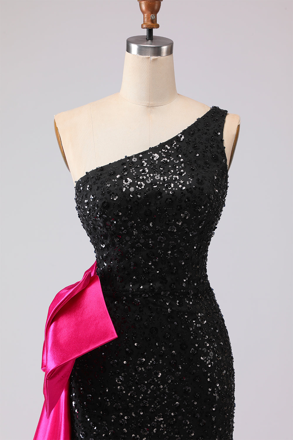 Sparkly One Shoulder Black Prom Dress with Bow