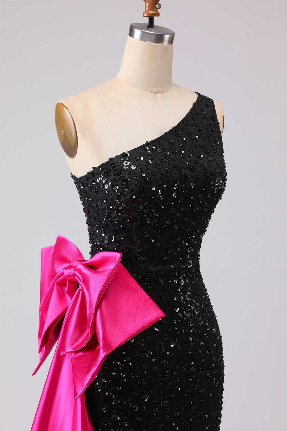 Sparkly One Shoulder Black Prom Dress with Bow