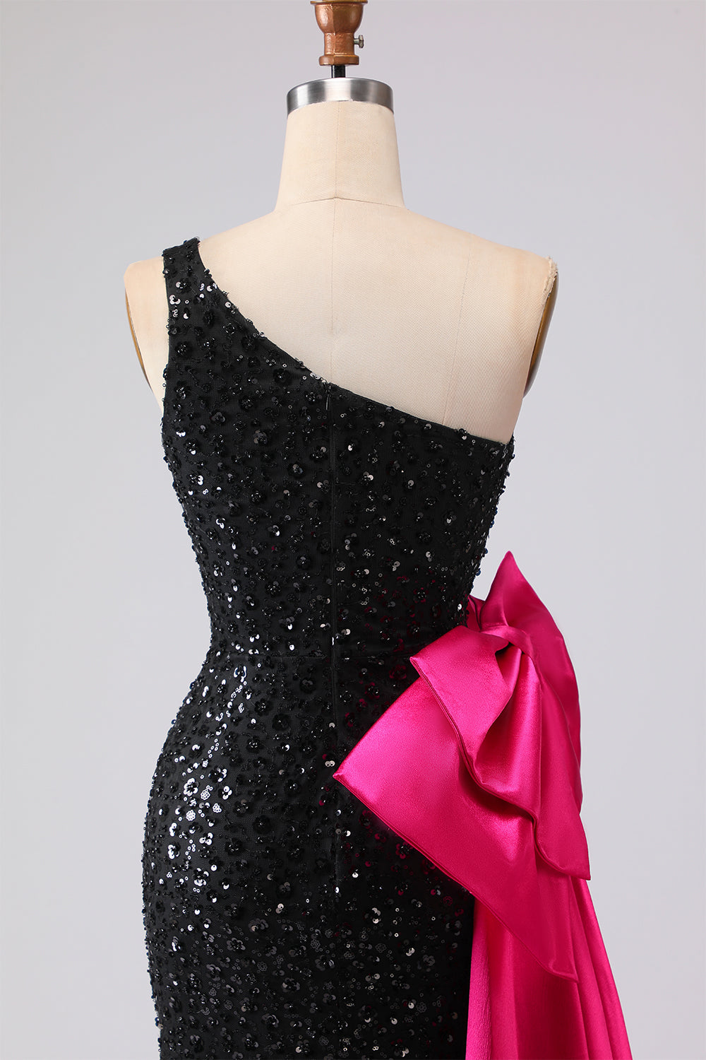 Sparkly One Shoulder Black Prom Dress with Bow