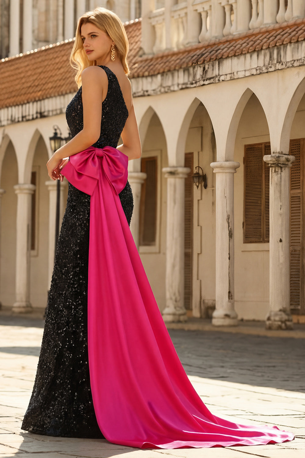 Sparkly One Shoulder Black Bowed Prom Dress