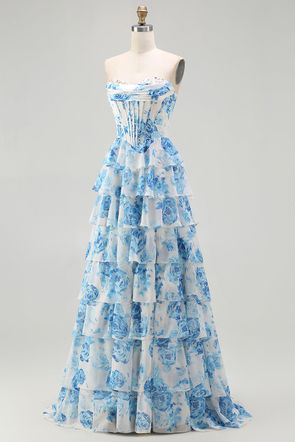 White Pink Flower Tiered A-Line Corset Sweetheart Prom Dress With Slit