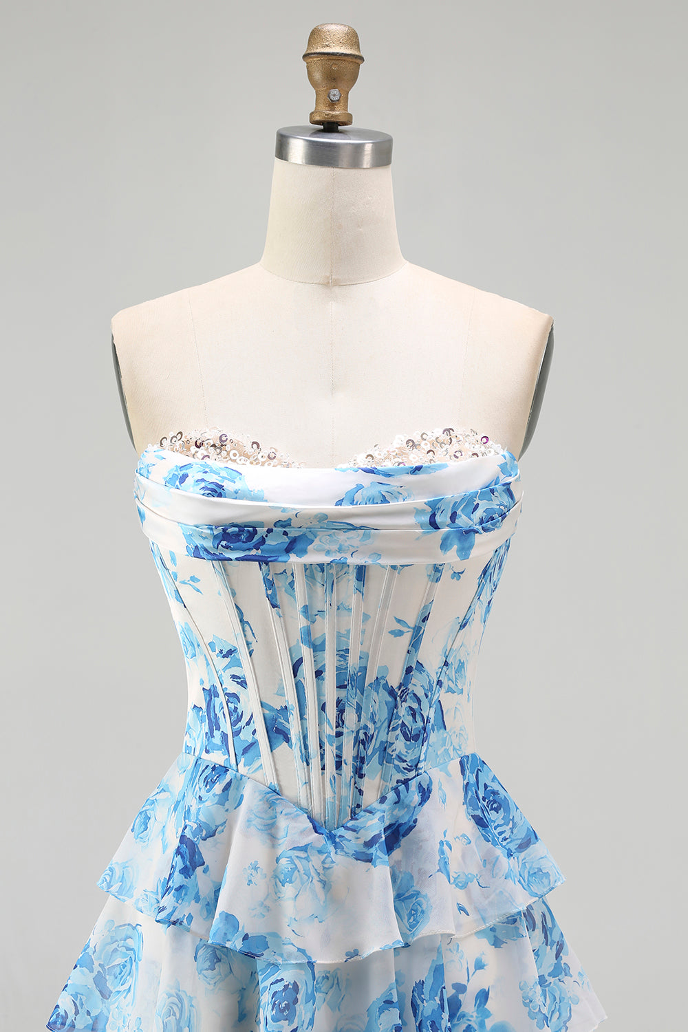 White Pink Flower Tiered A-Line Corset Sweetheart Prom Dress With Slit