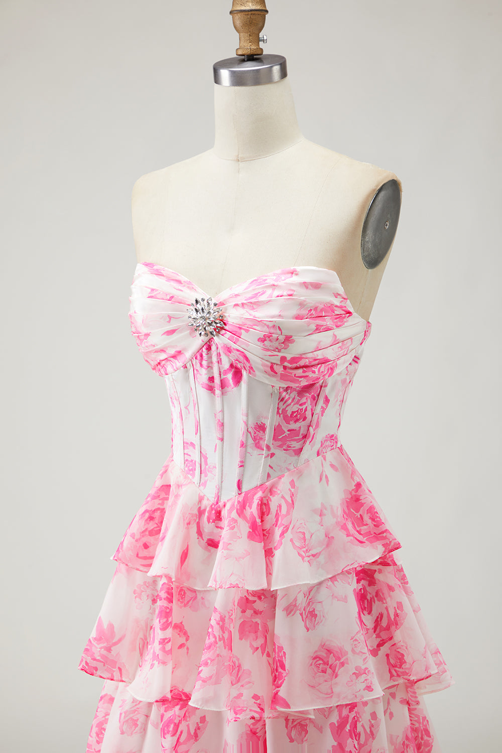 White Pink Flower A-Line Corset Tiered Strapless Prom Dress With Slit