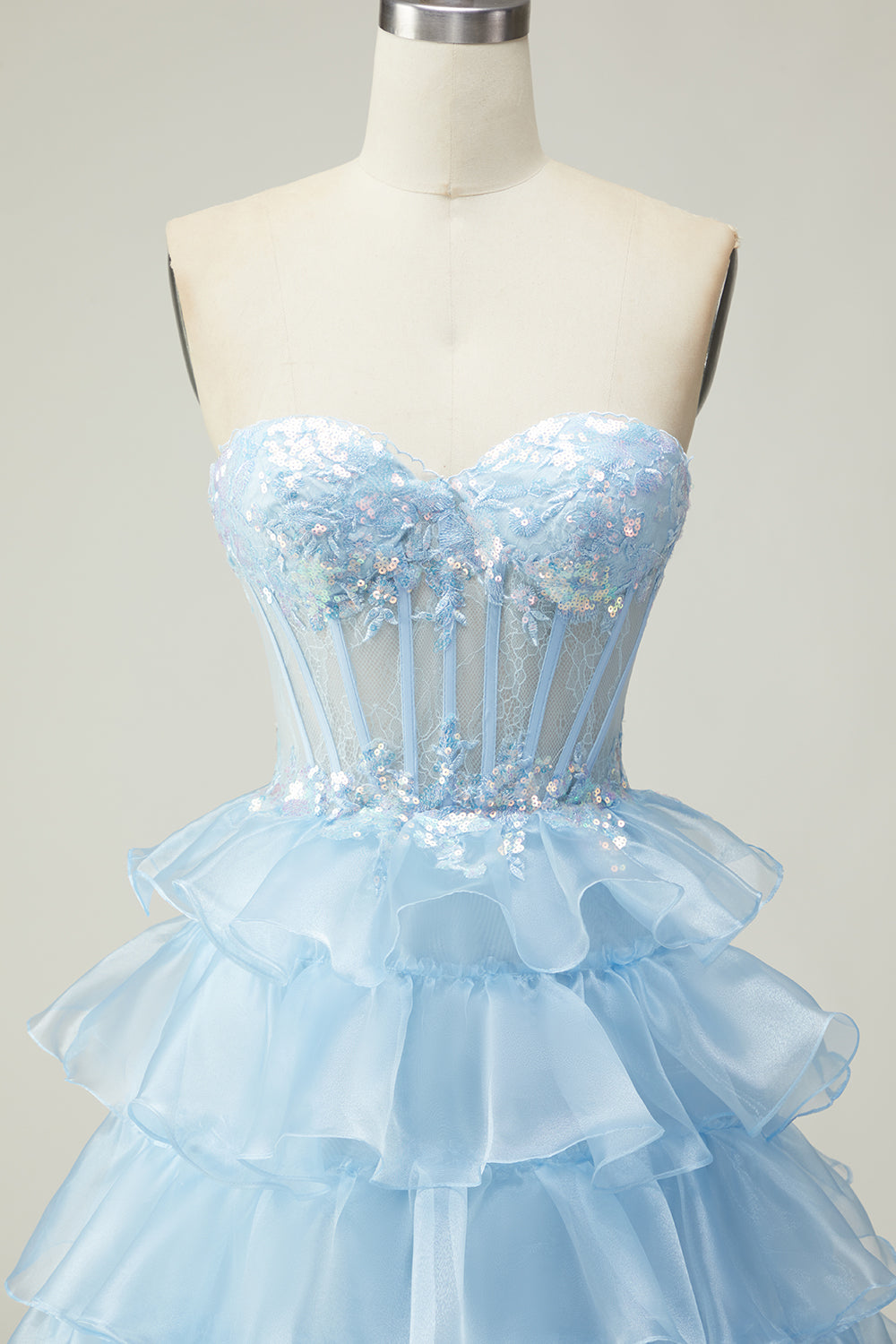 Blue Sweetheart Princess Corset Sequin Prom Dress With Ruffles