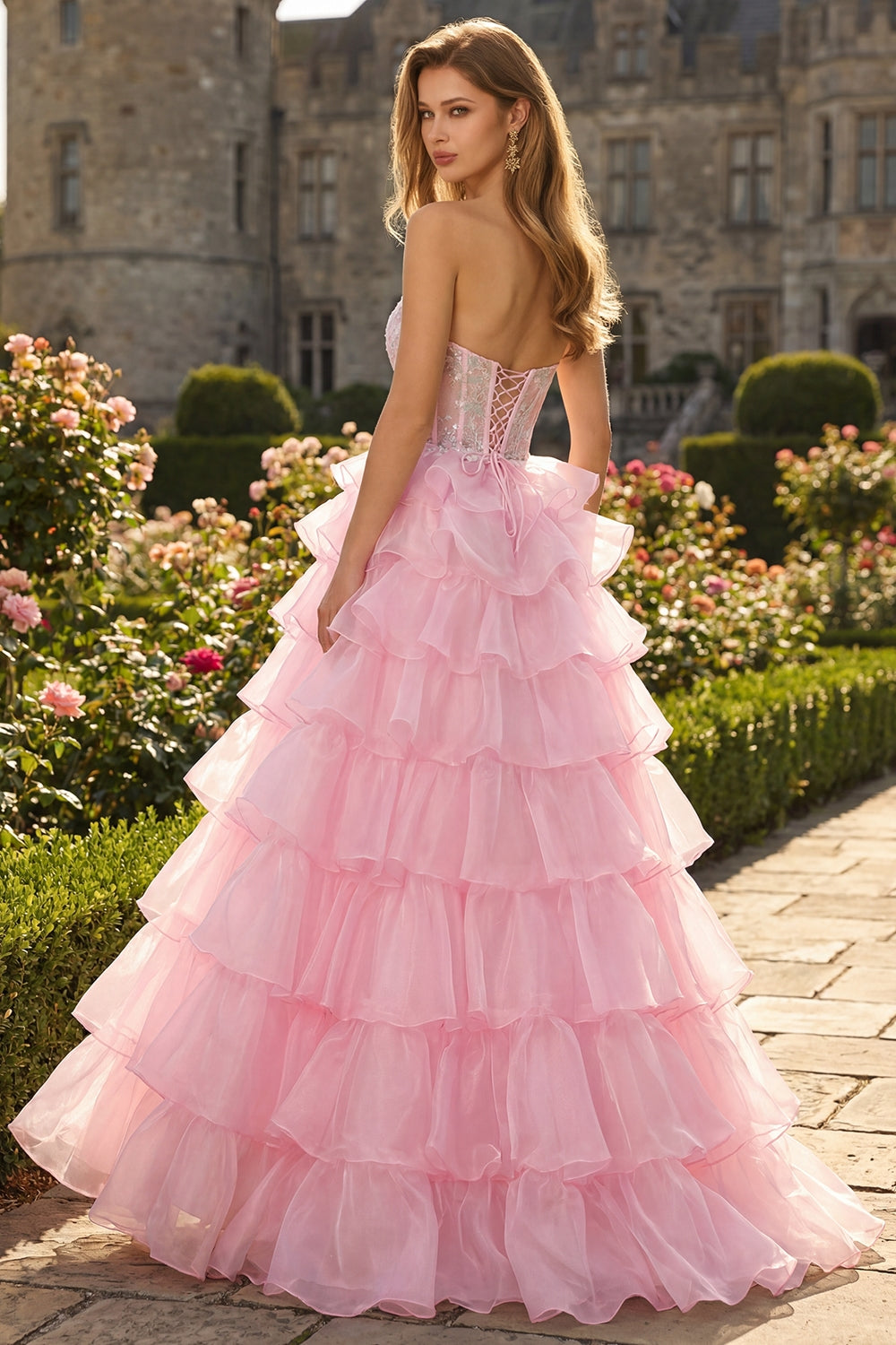 Pink Tiered Corset Appliqued Maxi Prom Dress