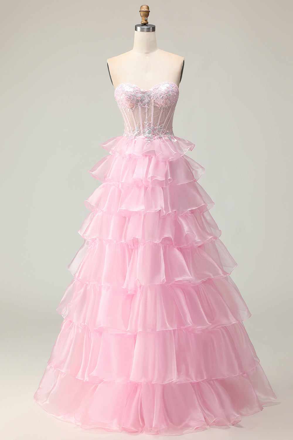 Blue Sweetheart Princess Corset Sequin Prom Dress With Ruffles
