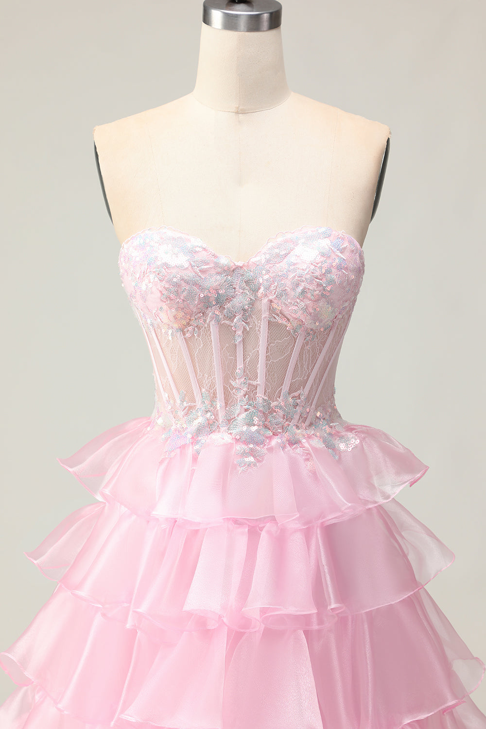 Blue Sweetheart Princess Corset Sequin Prom Dress With Ruffles