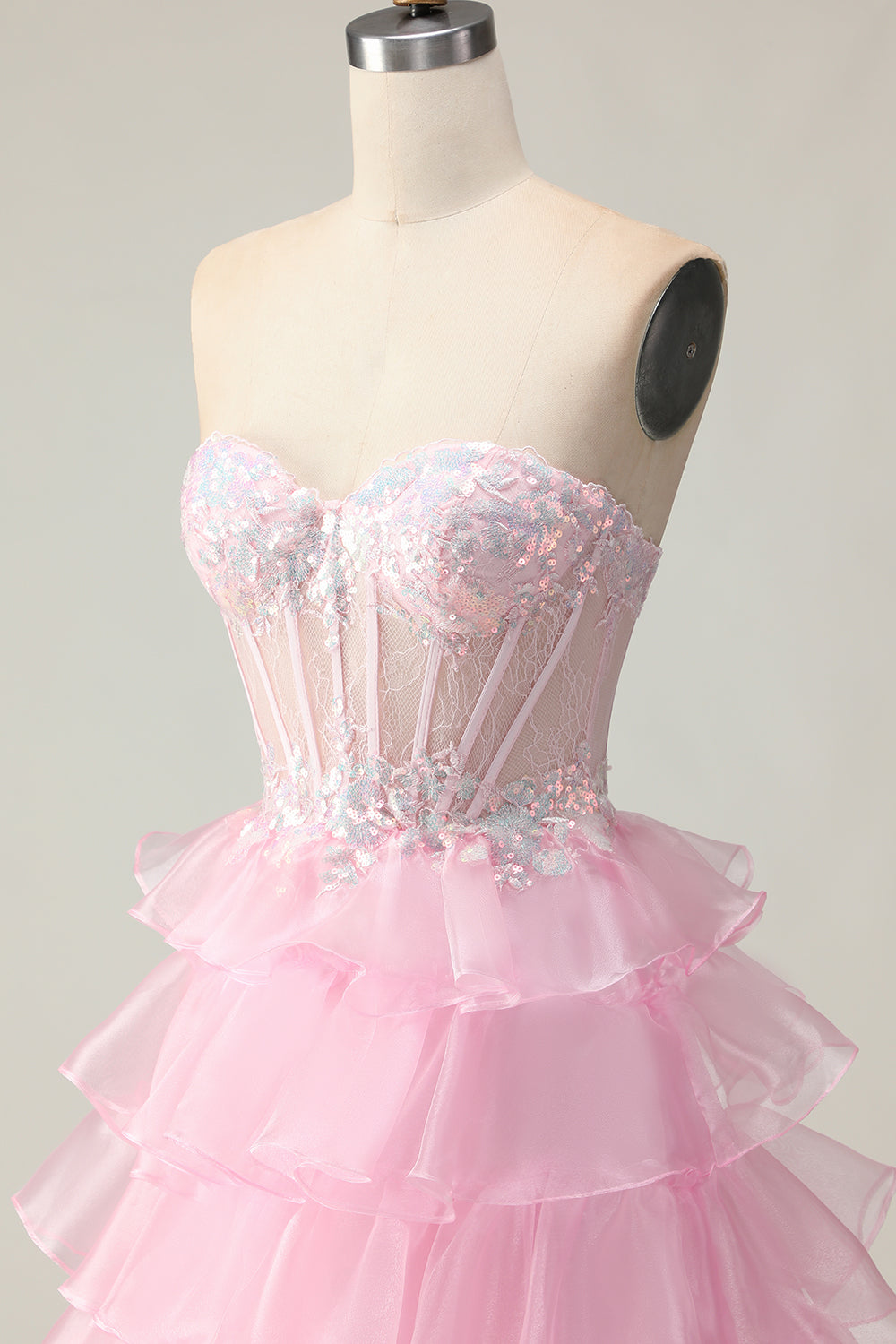 Blue Sweetheart Princess Corset Sequin Prom Dress With Ruffles