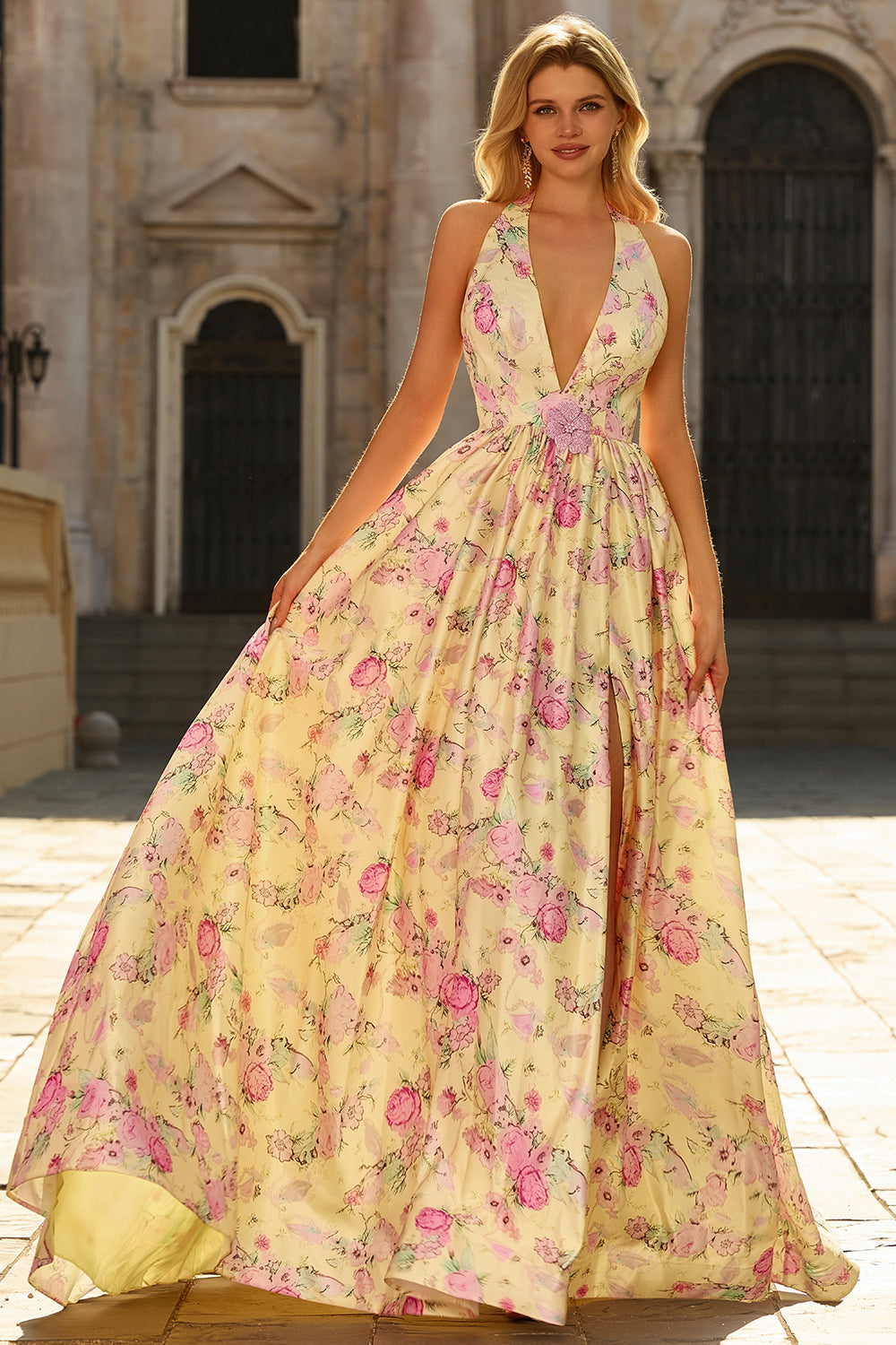 Yellow Pink Floral Halter A Line Maxi Prom Dress