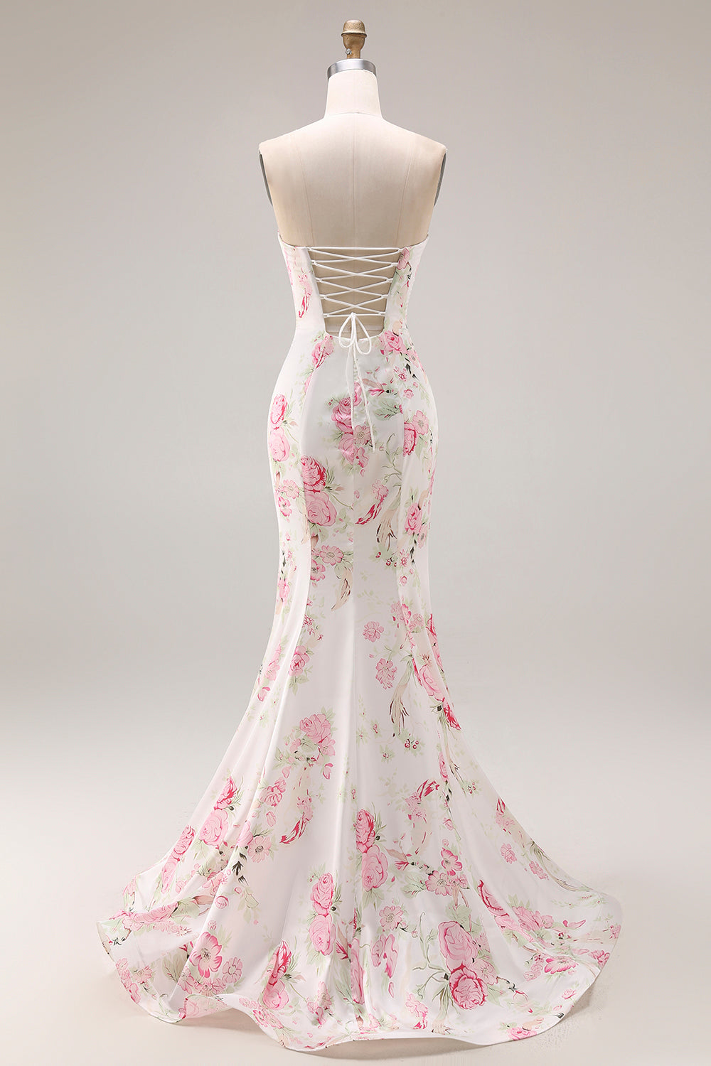 Elegant White Pink Floral Mermaid Maxi Prom Dress