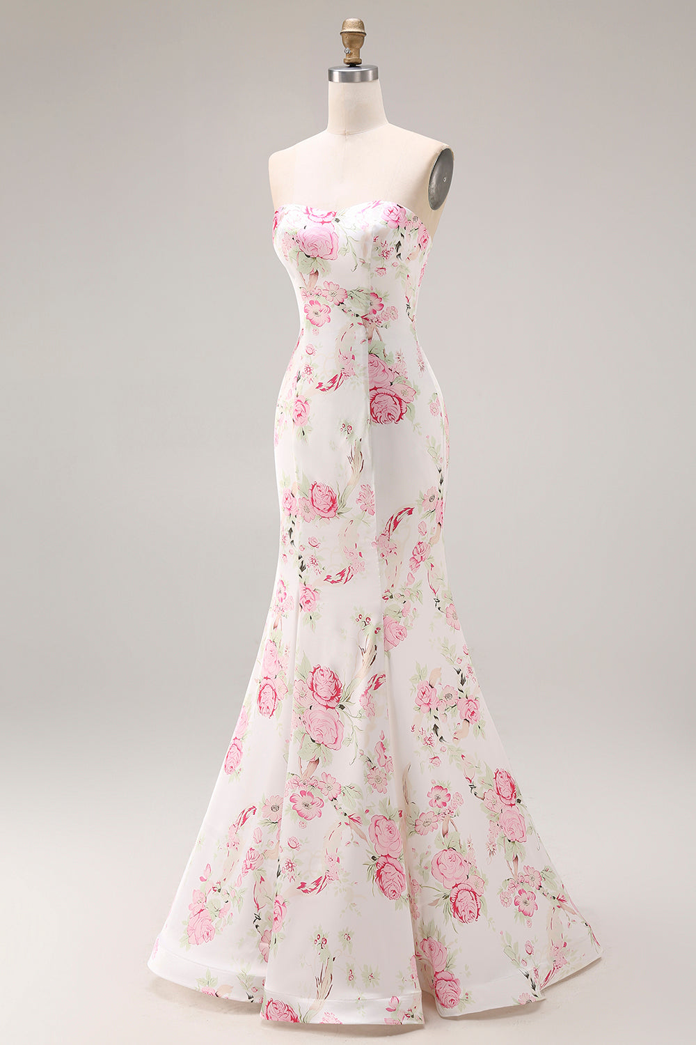 Elegant White Pink Floral Mermaid Maxi Prom Dress