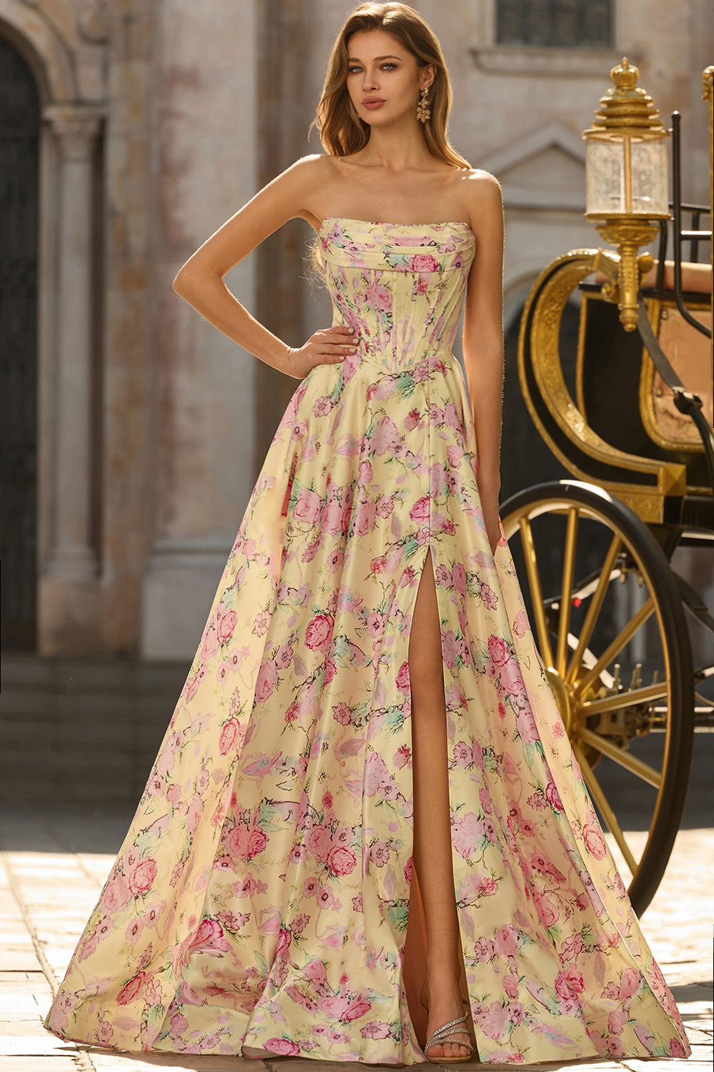 Strapless Yellow Pink Floral Corset A Line Prom Dress