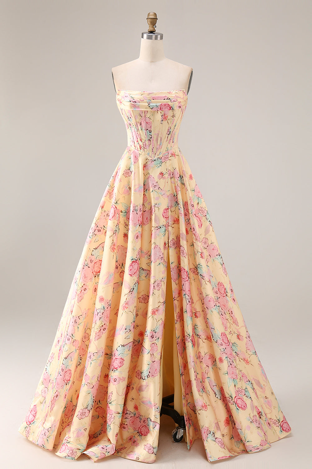 Yellow Pink Floral Strapless Corset A Line Prom Dress