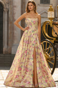 Yellow Pink Floral Strapless Corset A Line Prom Dress